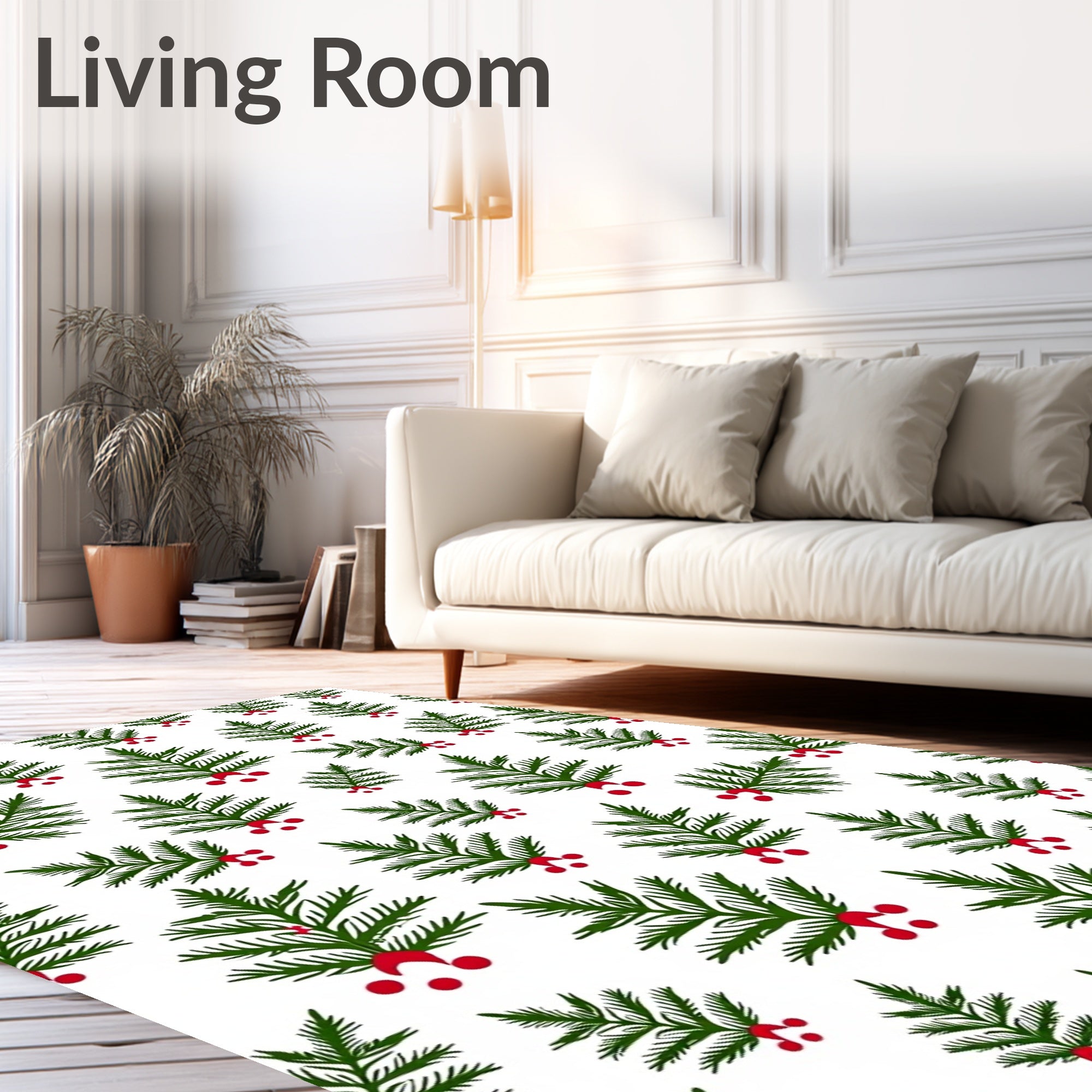 Whimsical Green Fir Sprigs Red Berries Rug