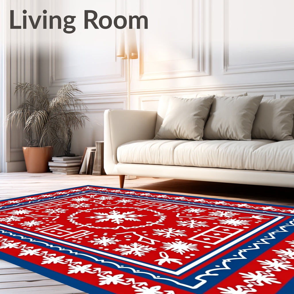 Red White Blue Folk Snowflakes Border Rug