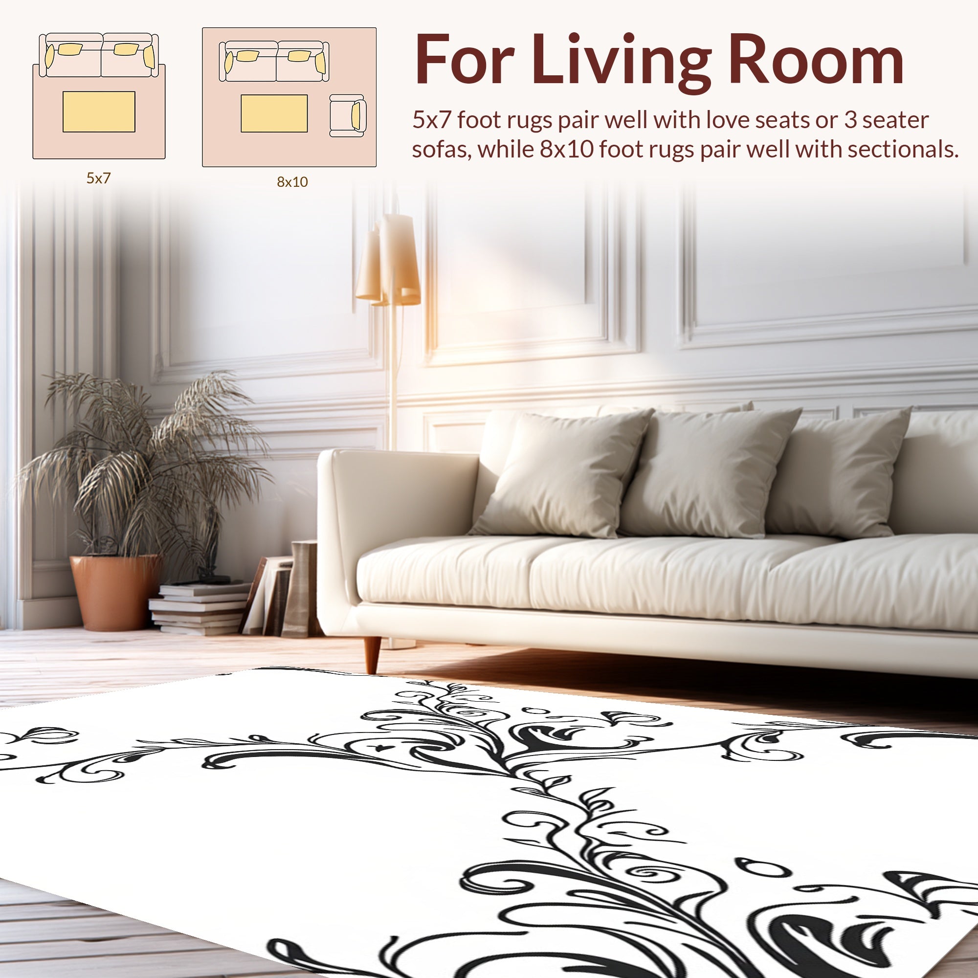 Black White Floral Swirl Design Rug