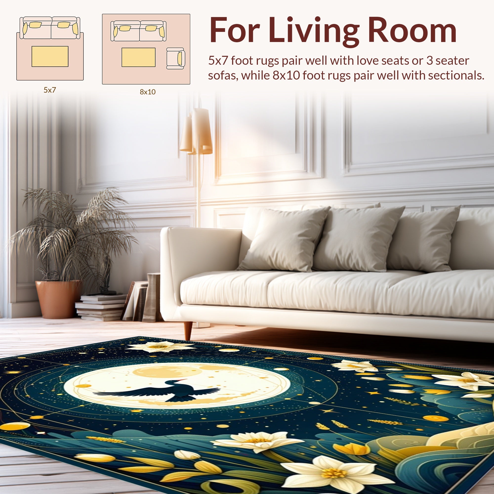 Celestial Birds Floral Night Sky Rug