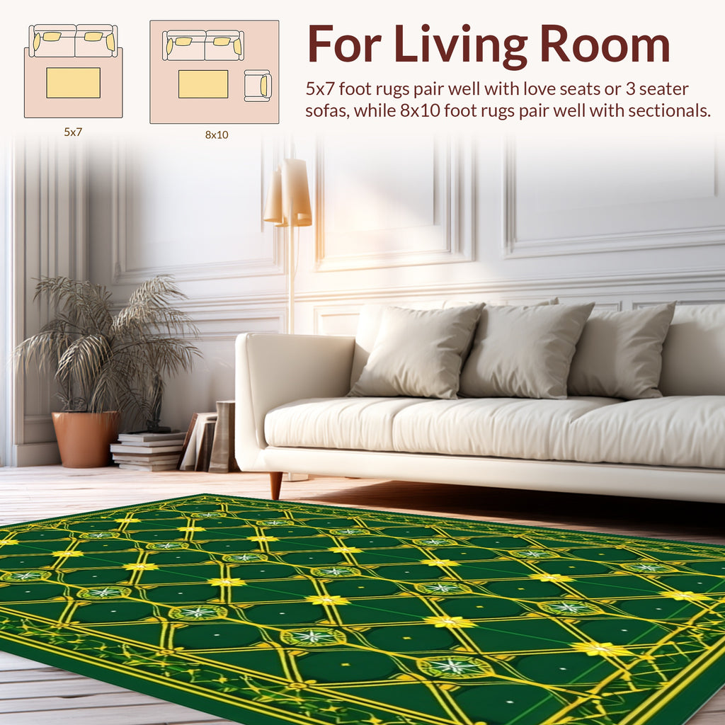 Emerald Green Golden Lattice Starburst Rug