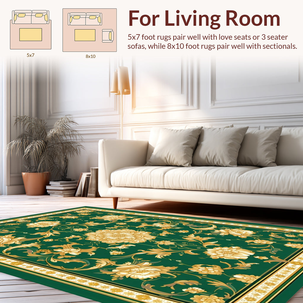 Emerald Green Gold Floral Garden Rug