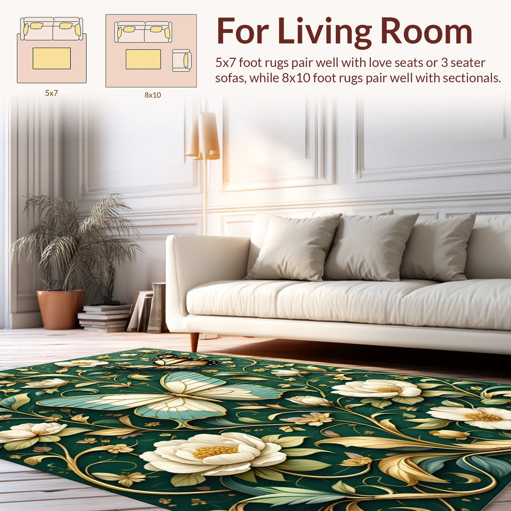 Emerald Green Butterfly Floral Pattern Rug