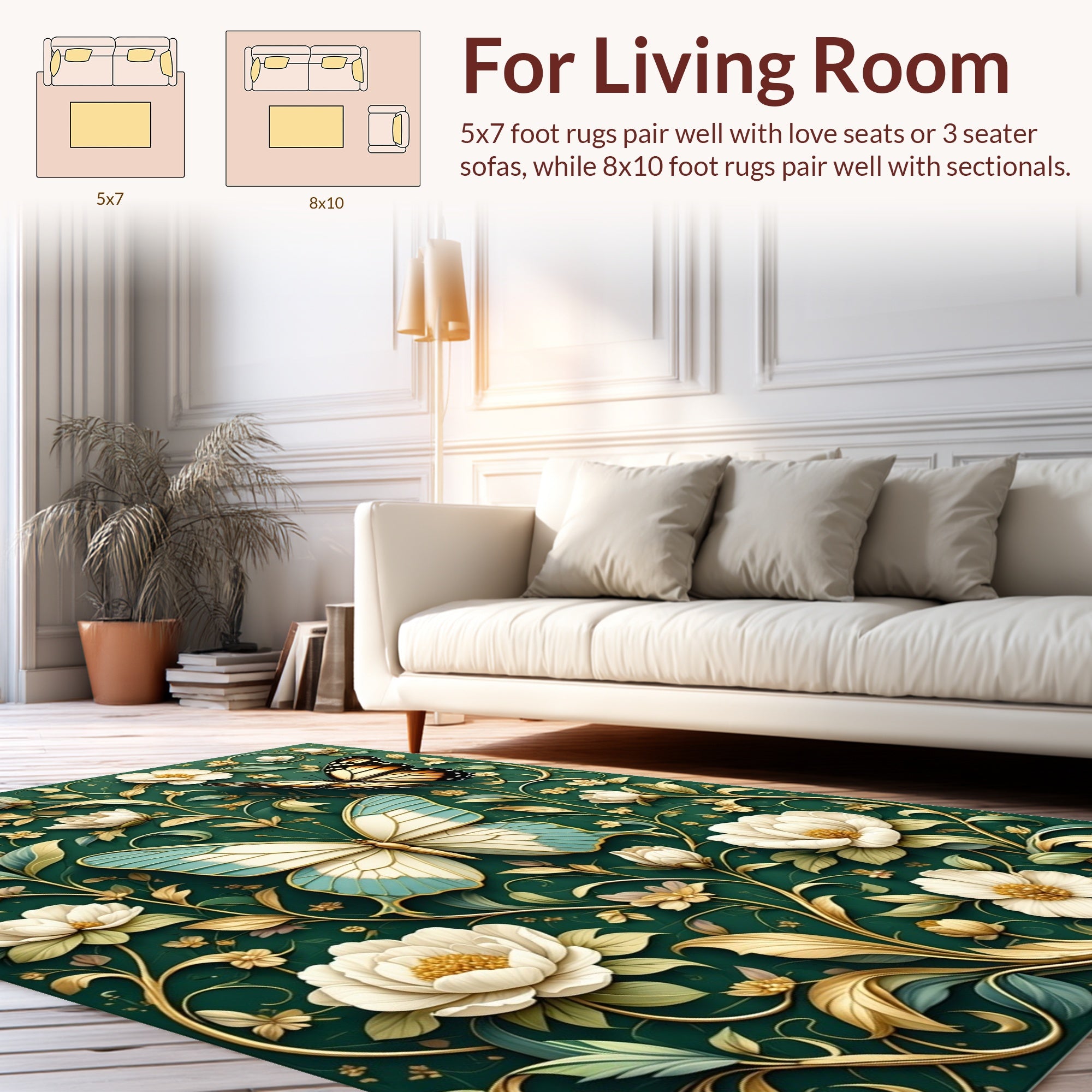 Emerald Green Butterfly Floral Pattern Rug