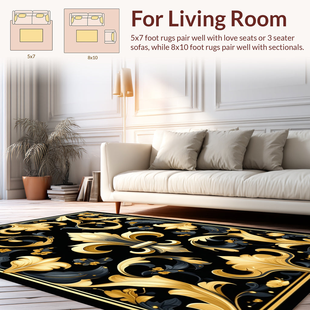 Regal Gold Black Fleur-de-lis Pattern Rug