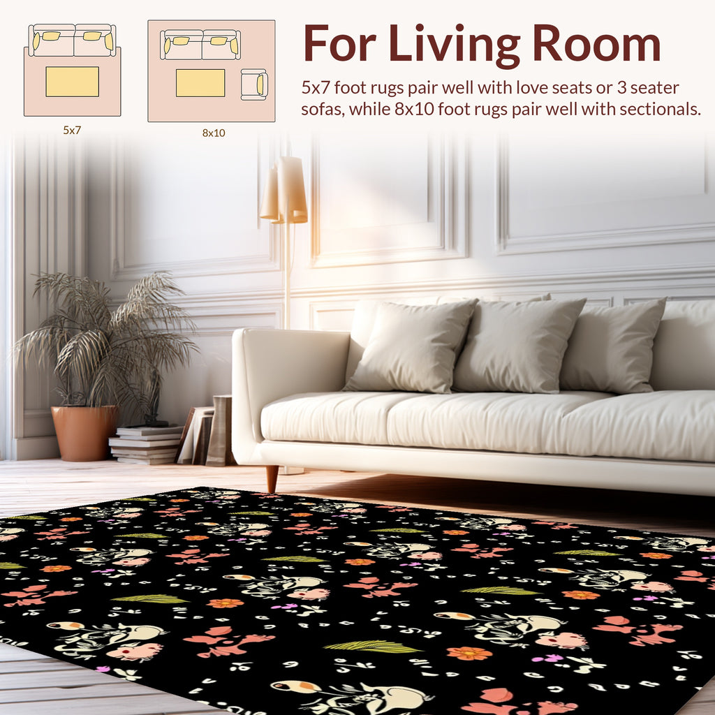 Whimsical Floral Swirl Doodle On Black Rug
