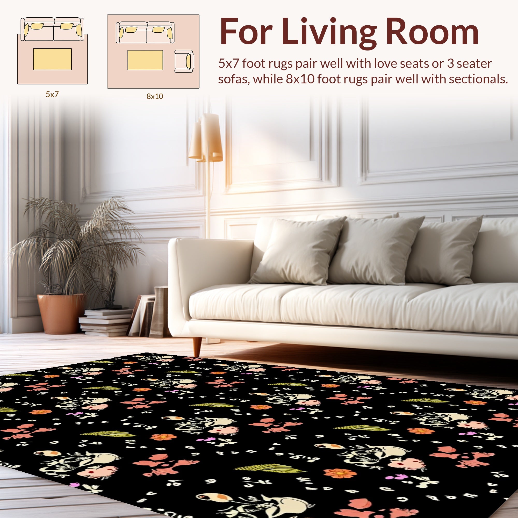 Whimsical Floral Swirl Doodle On Black Rug