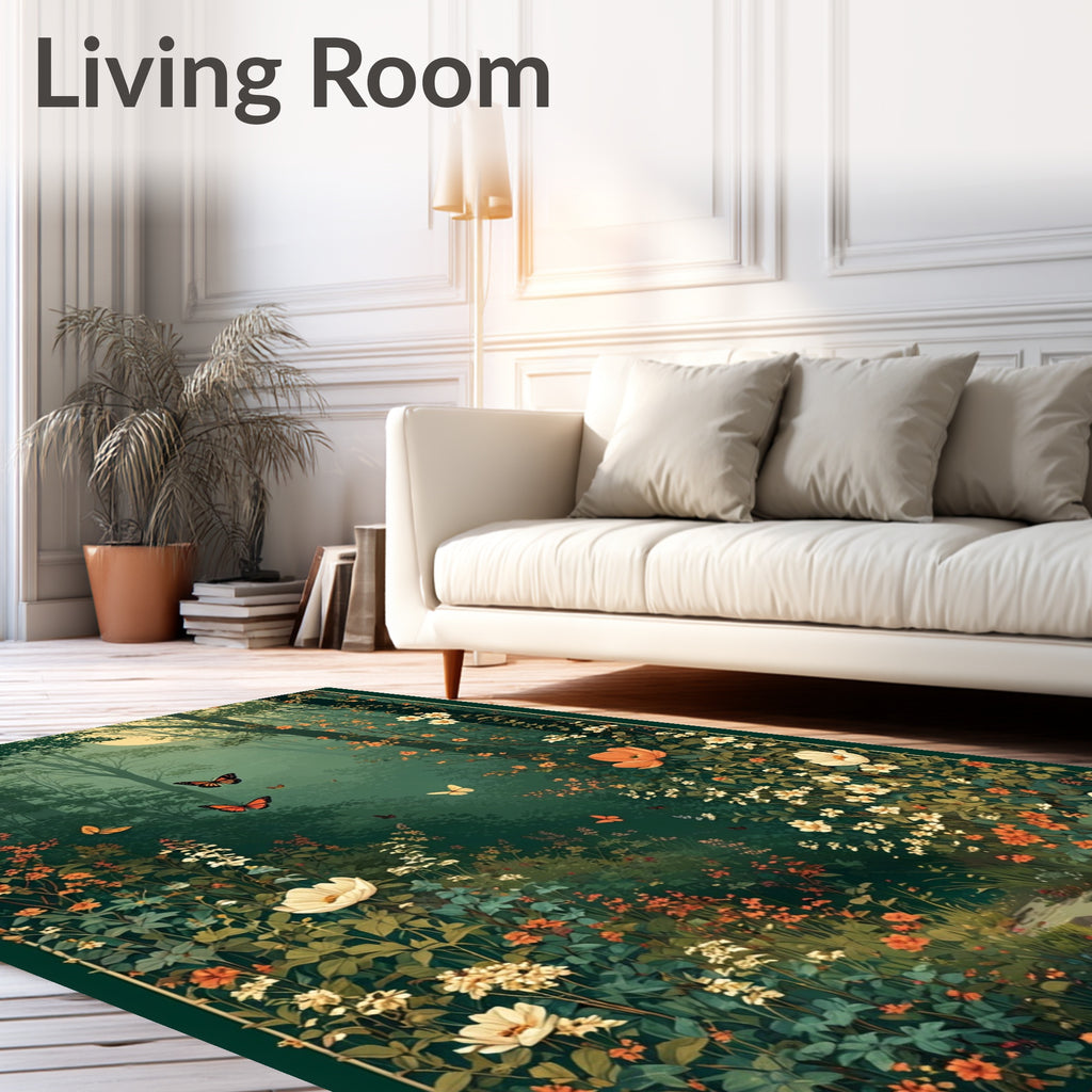 Enchanted Forest Butterfly Floral Scene Rug