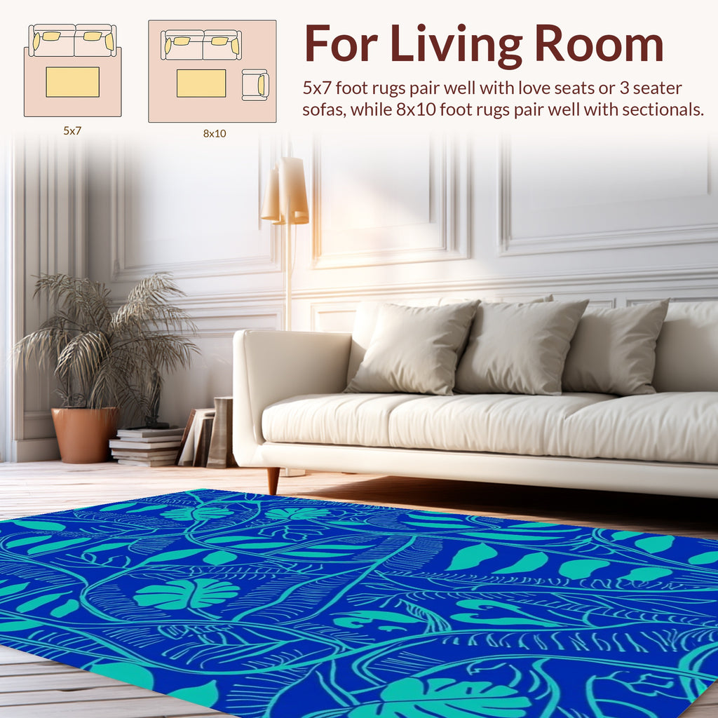 Blue Tropical Leaf Pattern Rug