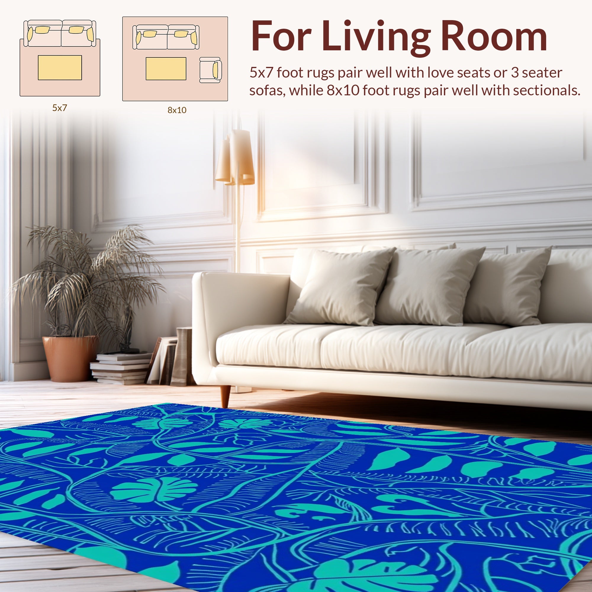 Blue Tropical Leaf Pattern Rug