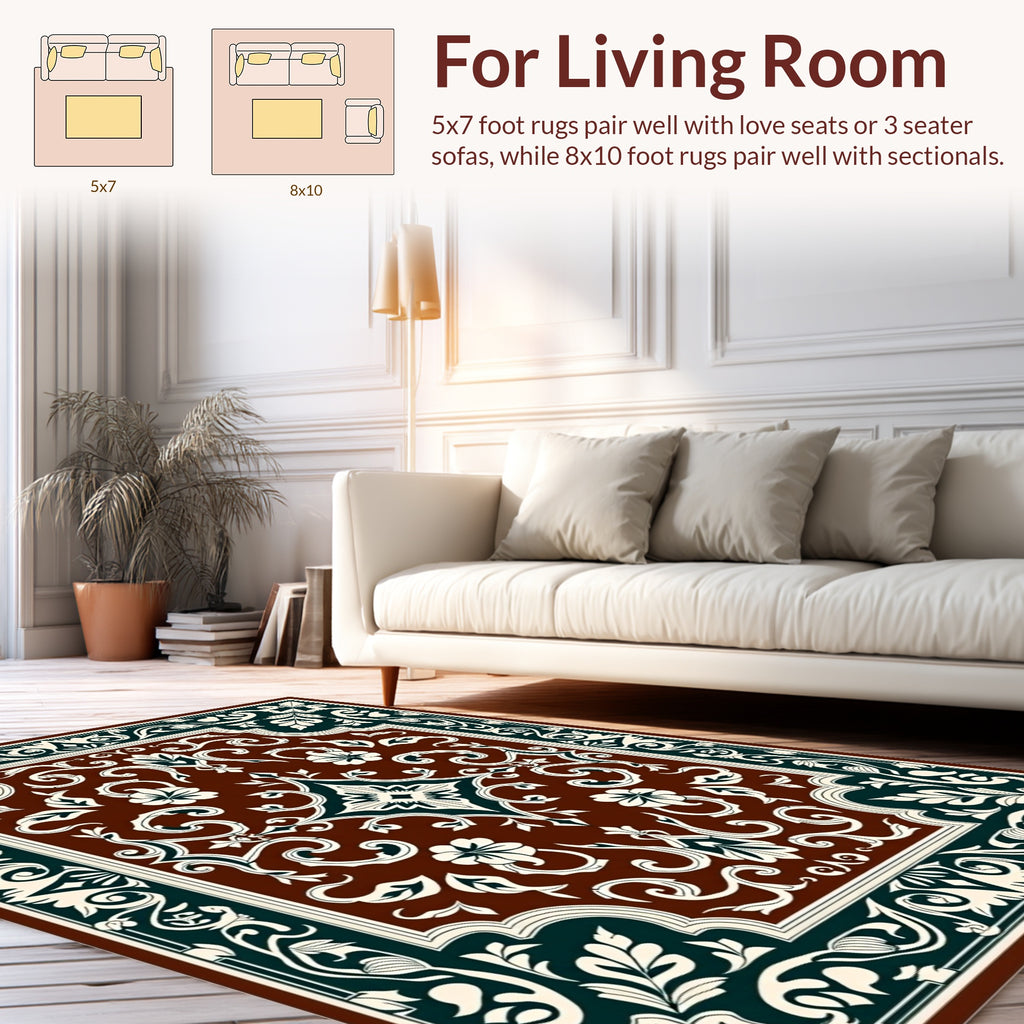 Ornate Floral Scrollwork Square Pattern Rug