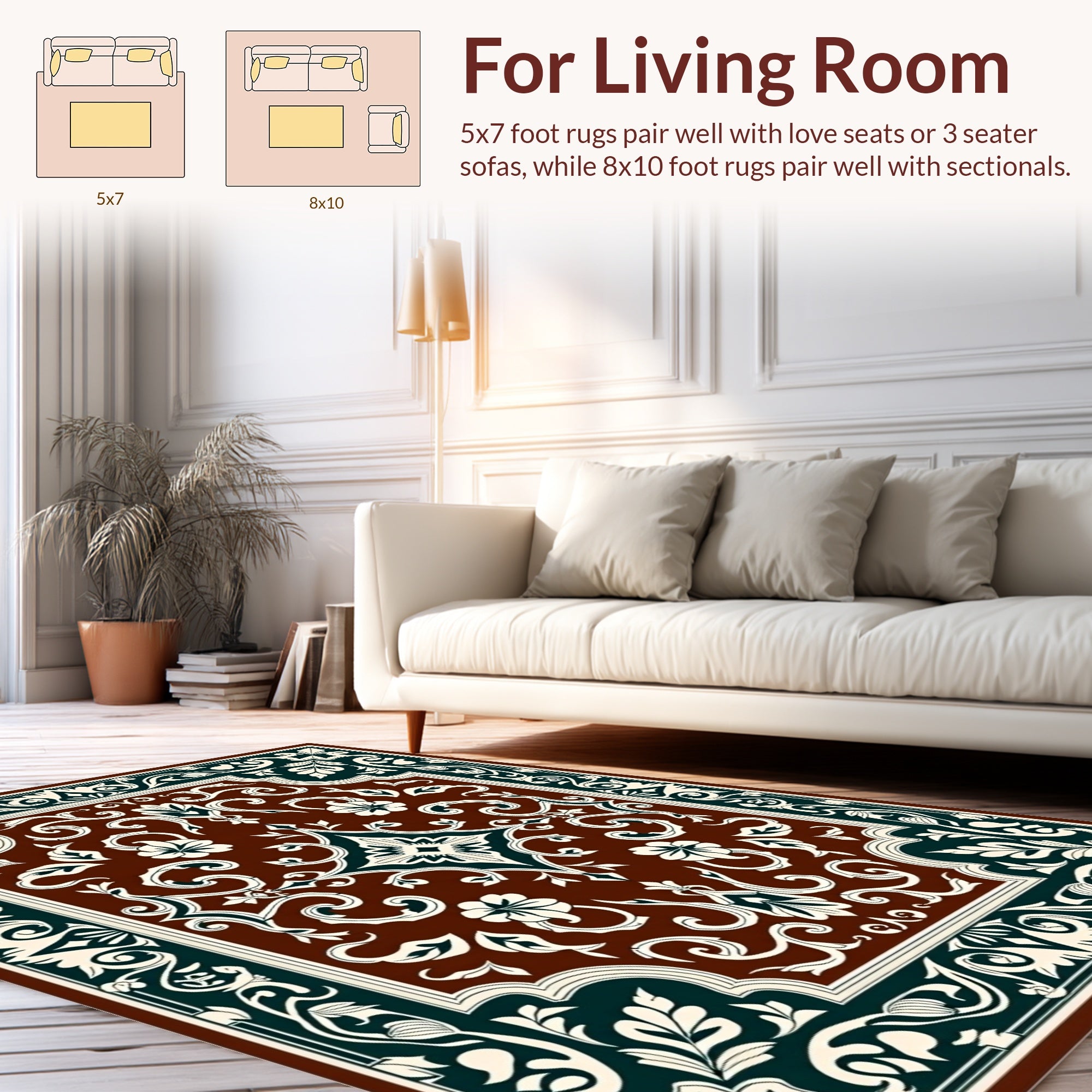 Ornate Floral Scrollwork Square Pattern Rug