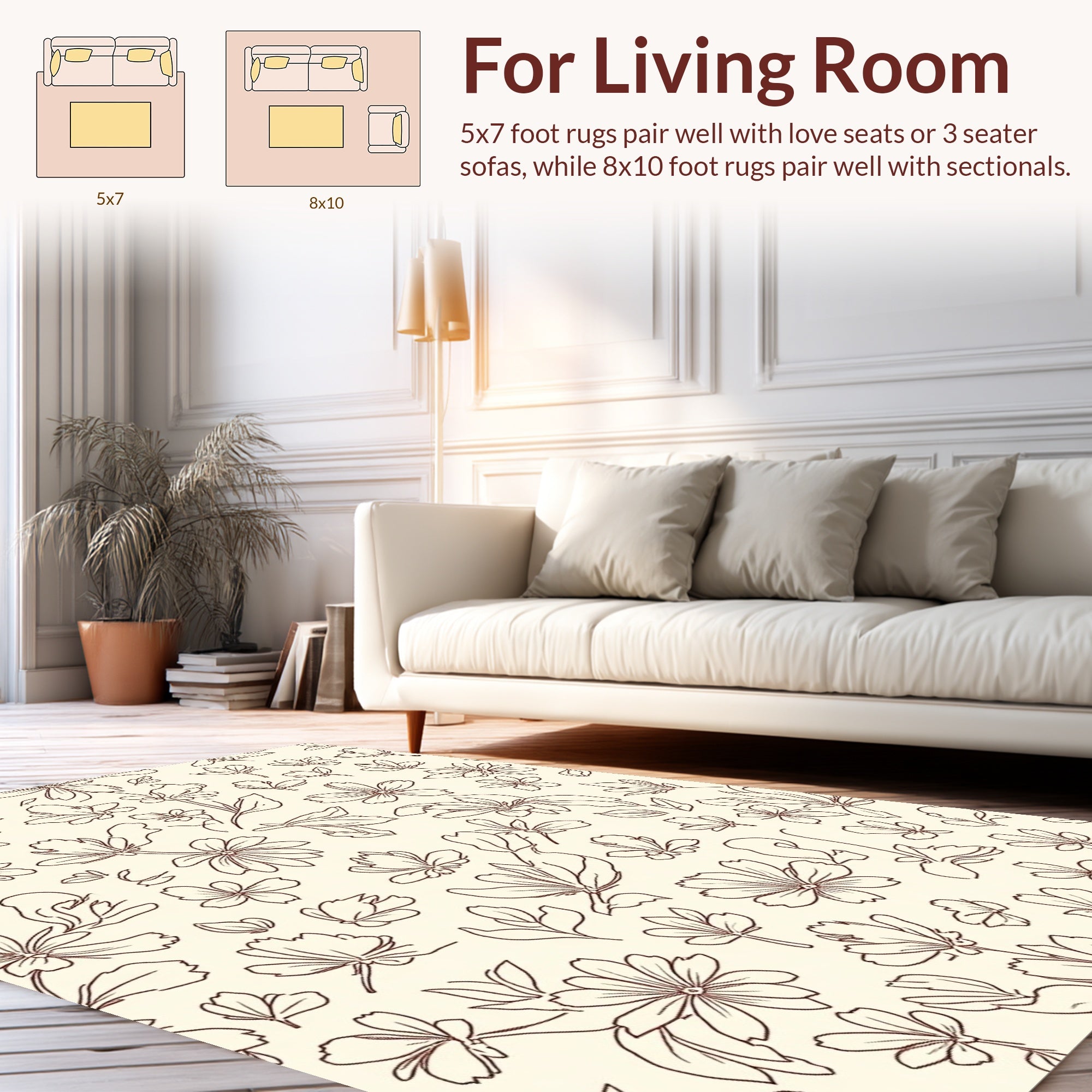 Delicate Floral Outline Cream Pattern Rug