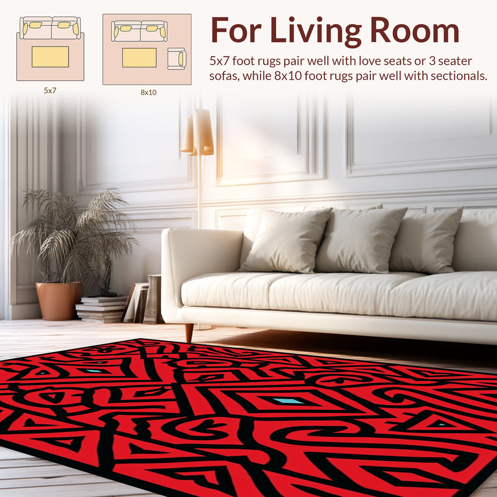 Bold Red Black Geometric Pattern Rug