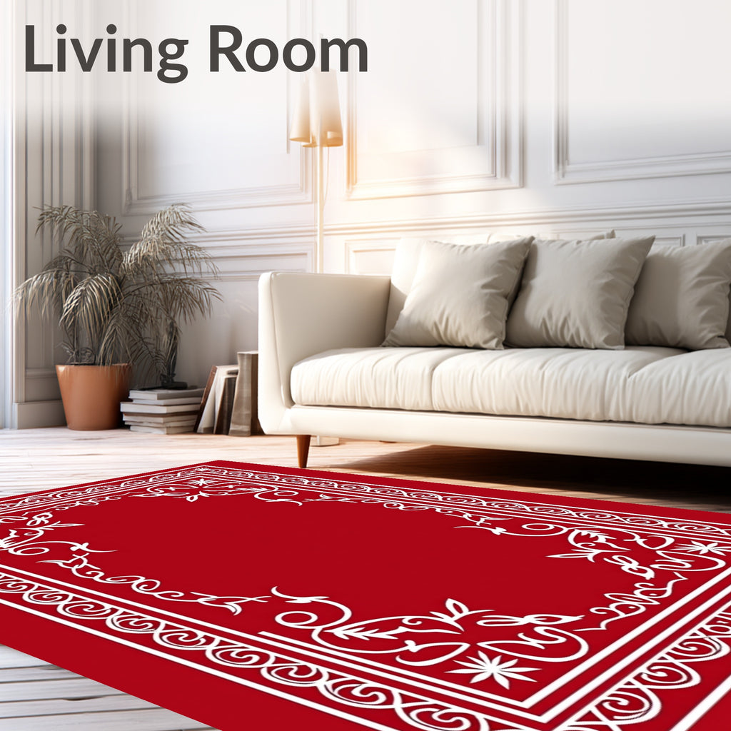 Elegant Red White Floral Scroll Border Rug