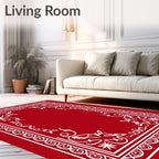 Elegant Red White Floral Scroll Border Rug