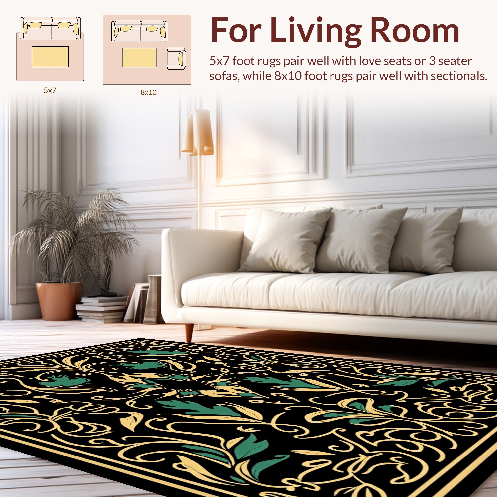 Art Nouveau Black Gold Floral Pattern Rug