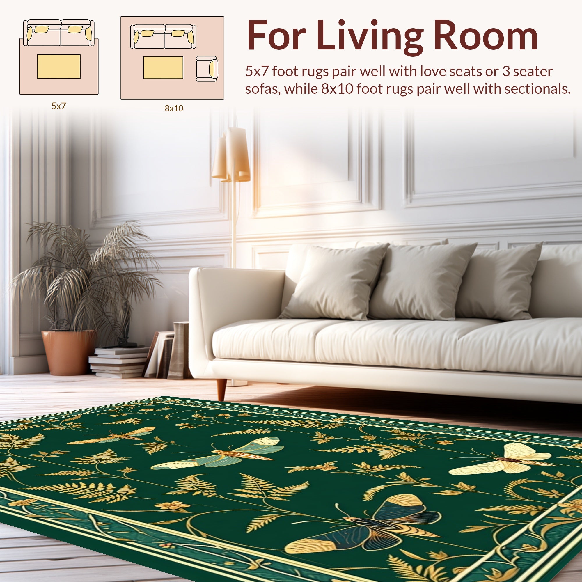 Elegant Gold Fern Moth Pattern Rug