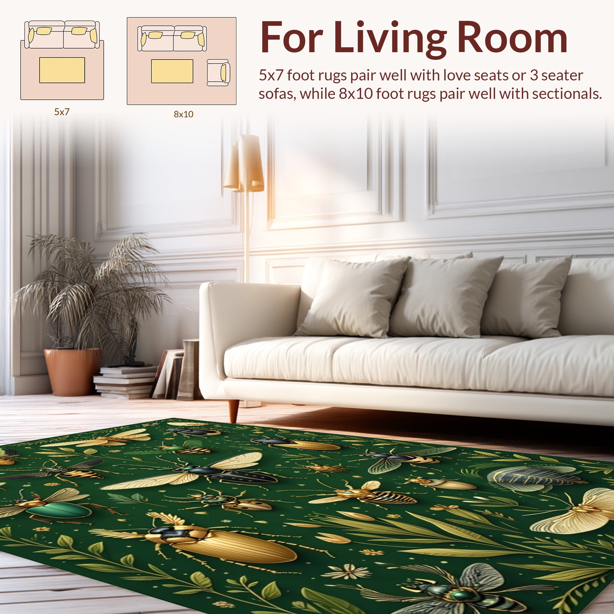 Botanical Insects Gold Green Pattern Rug