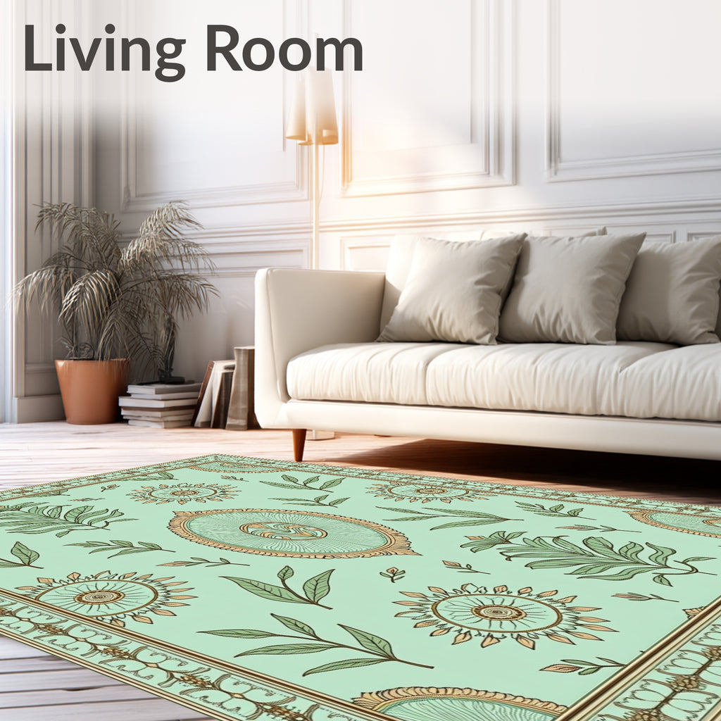 Pale Green Floral Medallion Border Rug