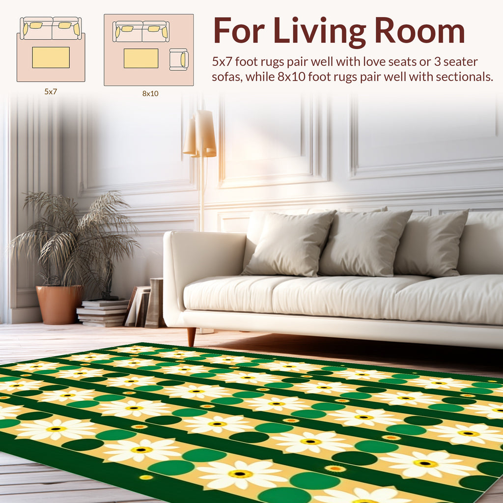 White Daisy Green Gold Stripe Rug