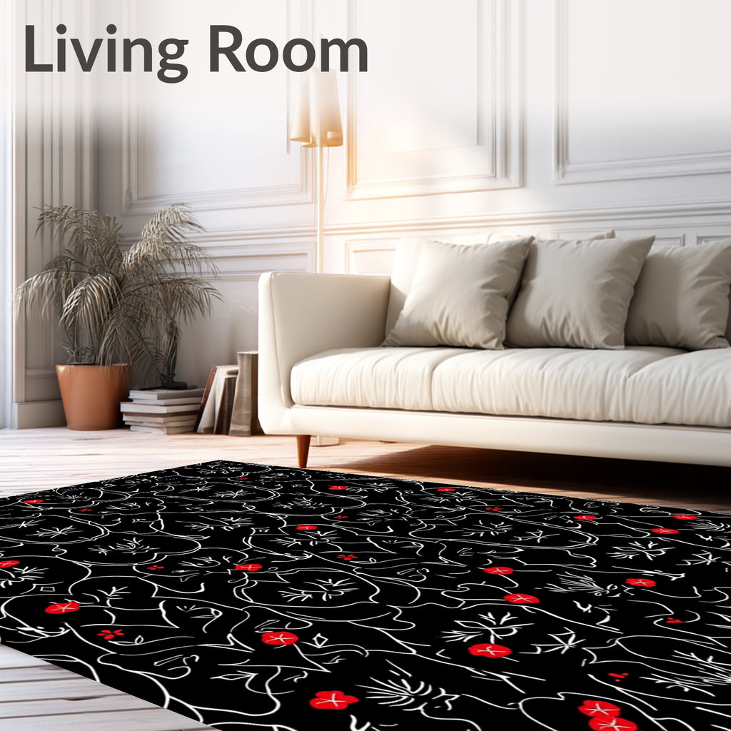 Minimalist Red Floral Black Scroll Rug