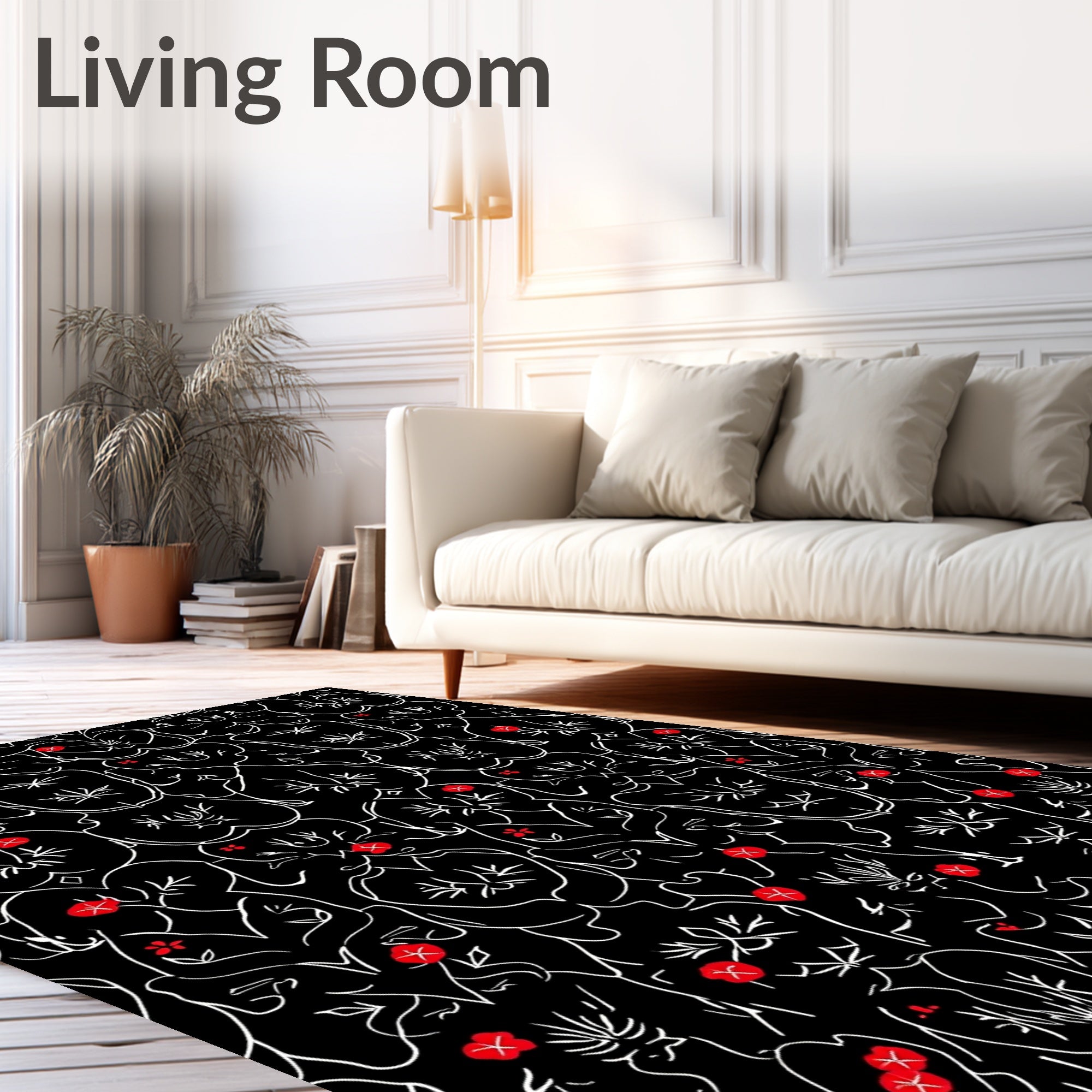 Minimalist Red Floral Black Scroll Rug