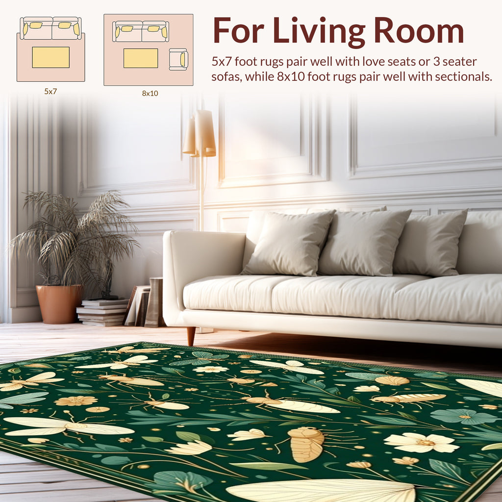 Green Insect Botanical Floral Design Rug