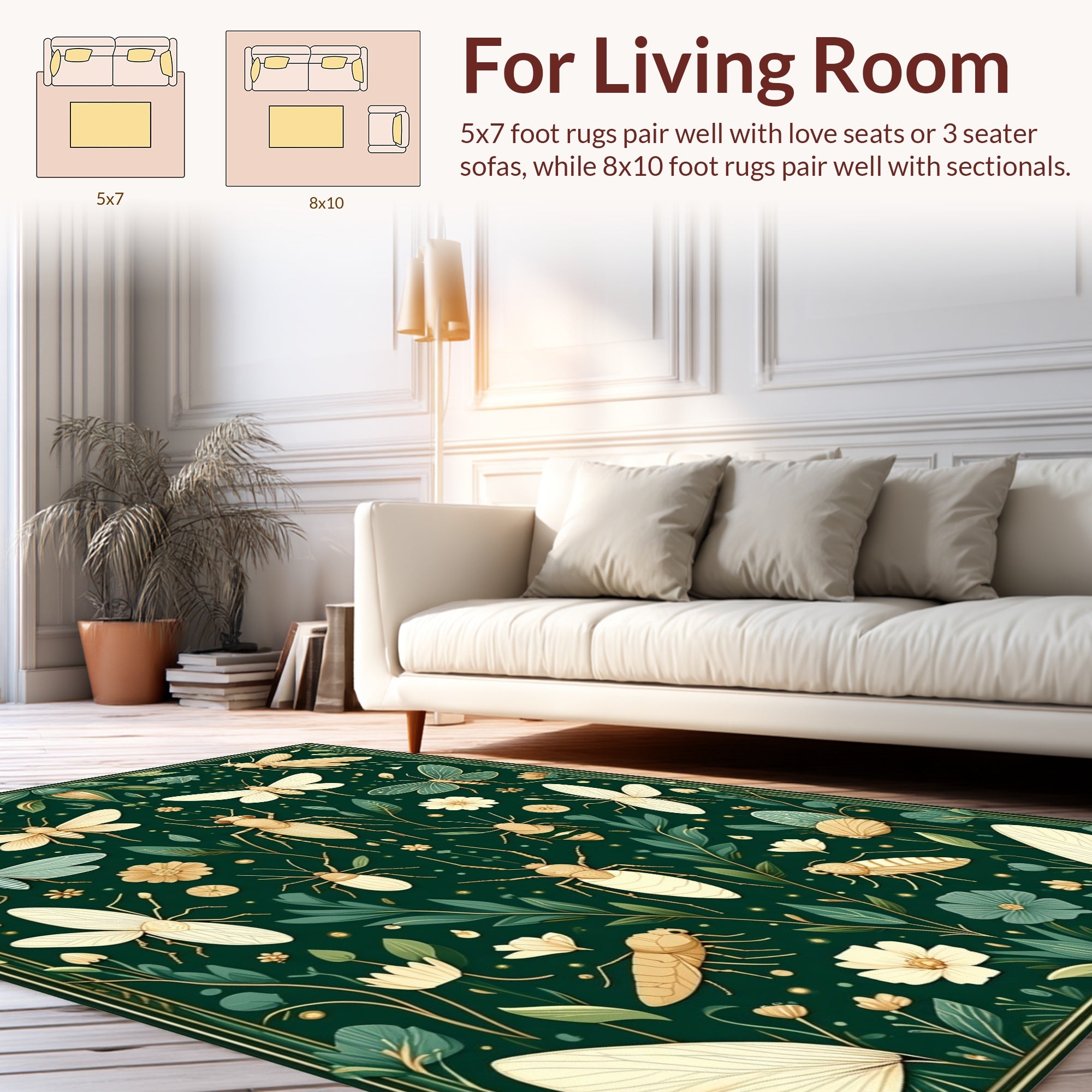 Green Insect Botanical Floral Design Rug