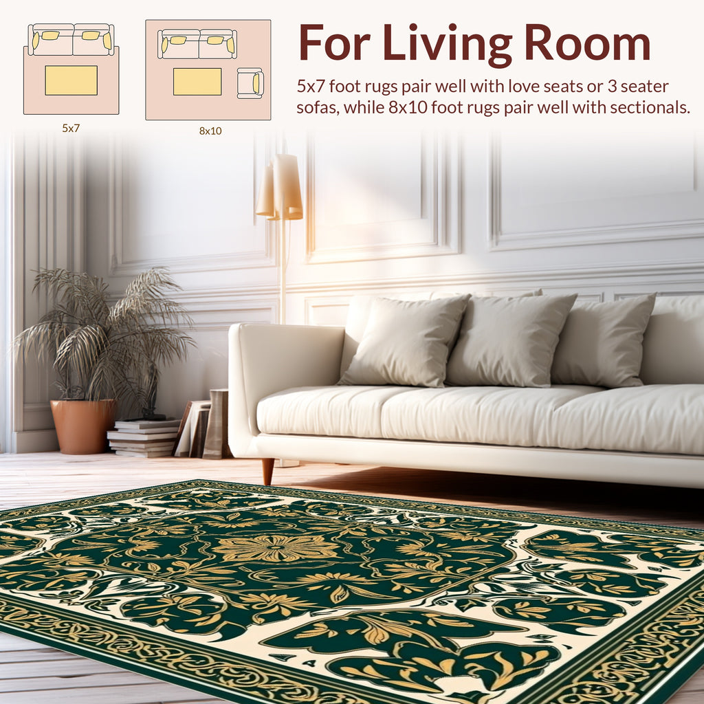 Dark Green Golden Floral Medallion Rug