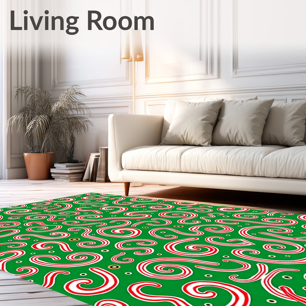 Whimsical Red Swirl Candy Cane Green Rug