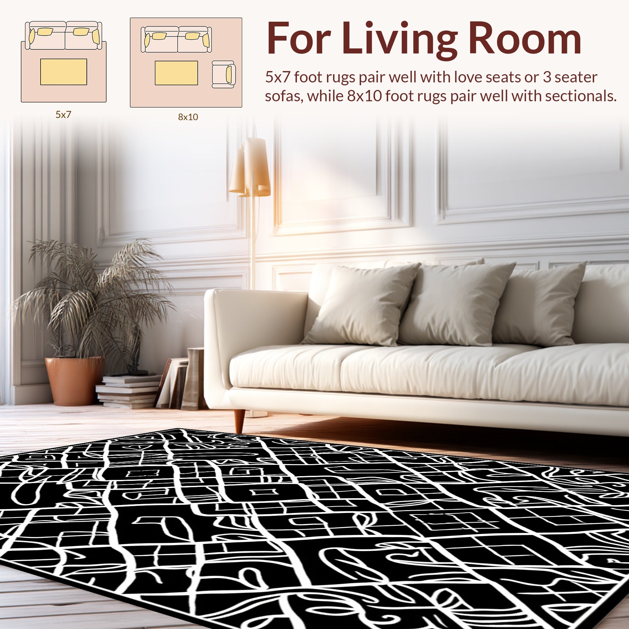 Black White Interlocking Line Pattern Rug