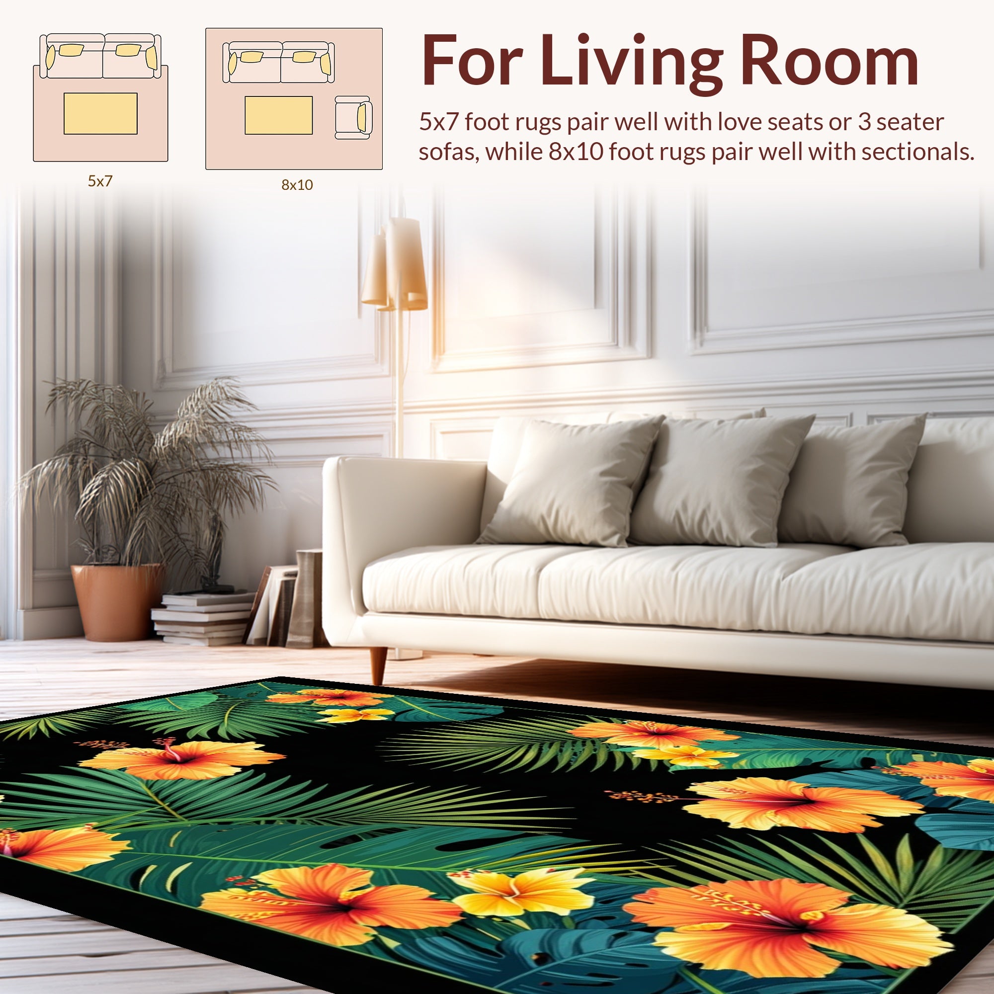 Tropical Hibiscus Palm Leaf Pattern Rug