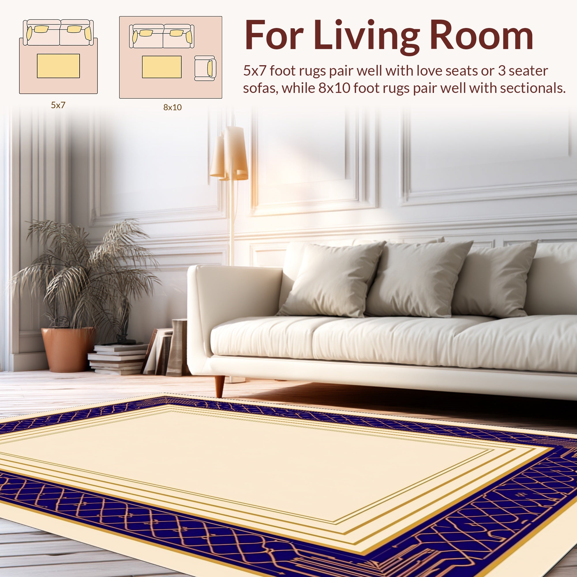 Classic Blue Gold Decorative Border Rug