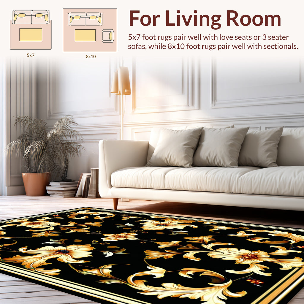 Black Gold Floral Damask Pattern Rug