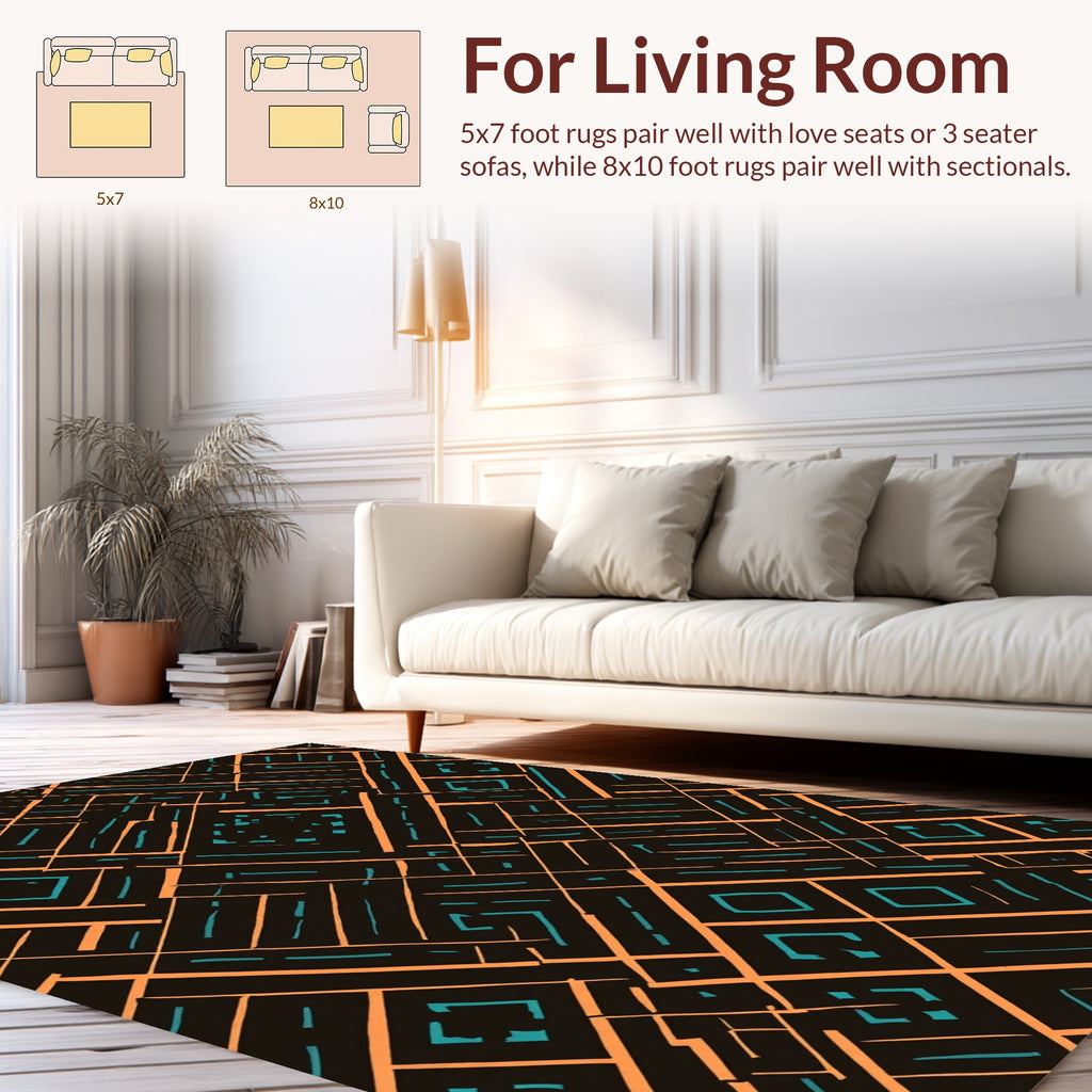 Geometric Tribal Orange Turquoise Pattern Rug