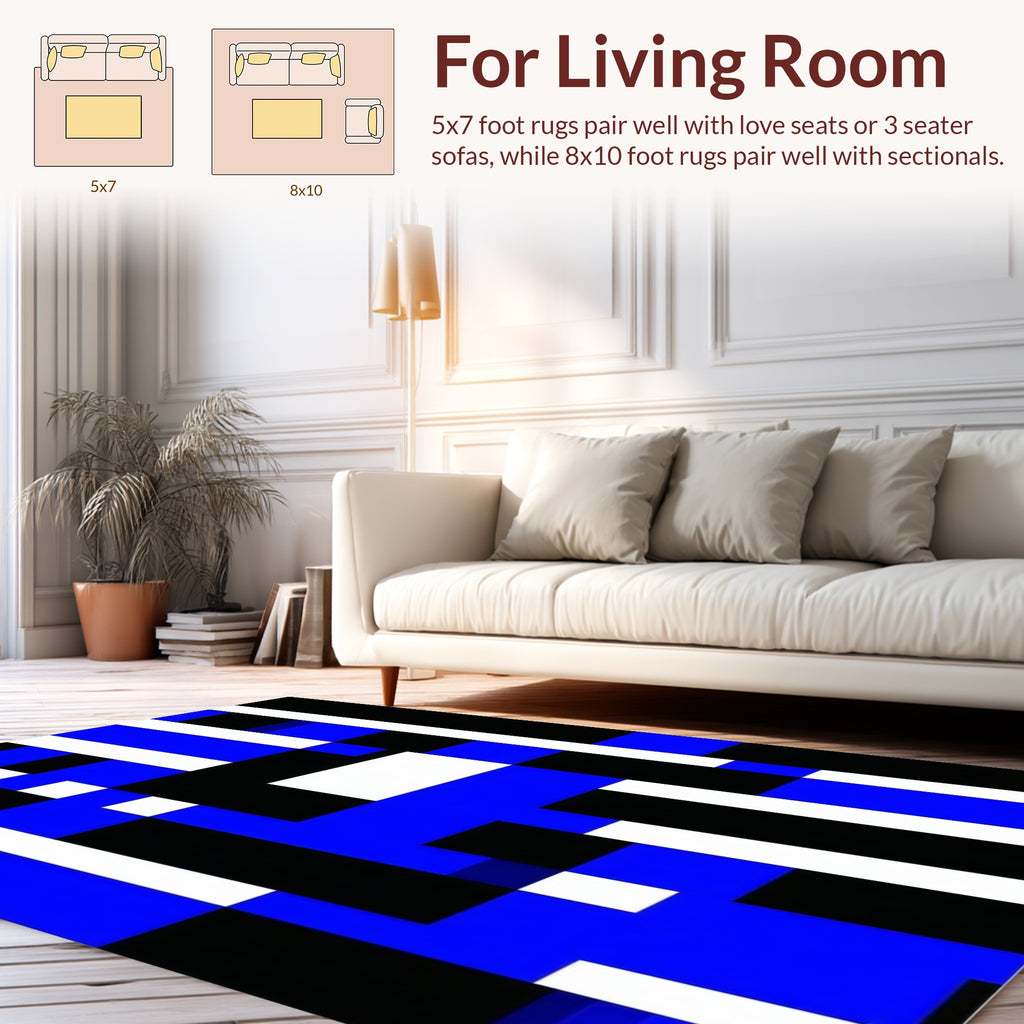 Modern Geometric Blue Black White Pattern Rug