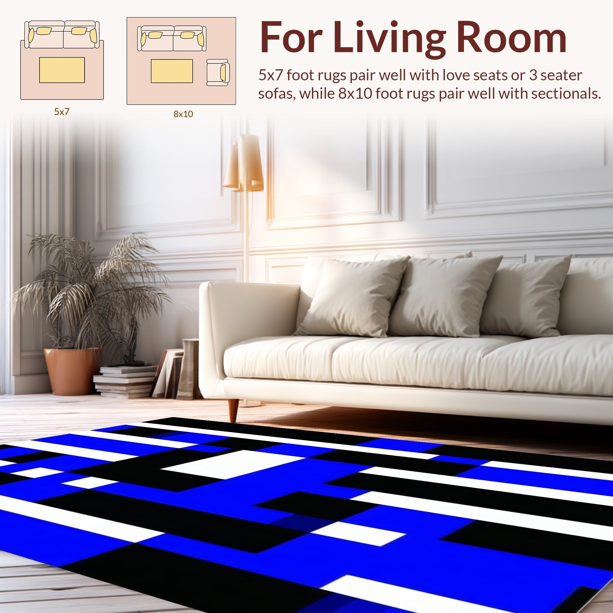 Modern Geometric Blue Black White Pattern Rug
