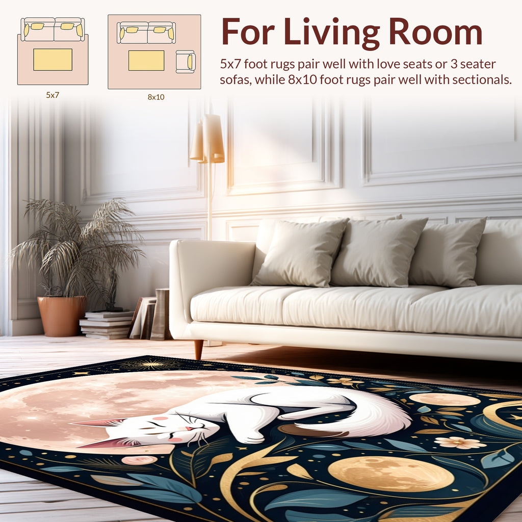 Celestial White Cat Moon Garden Rug