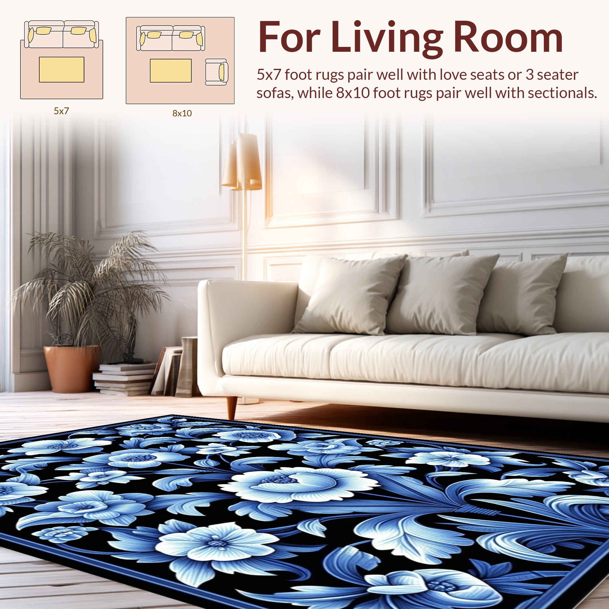 Classic Blue Floral Vine Pattern Rug