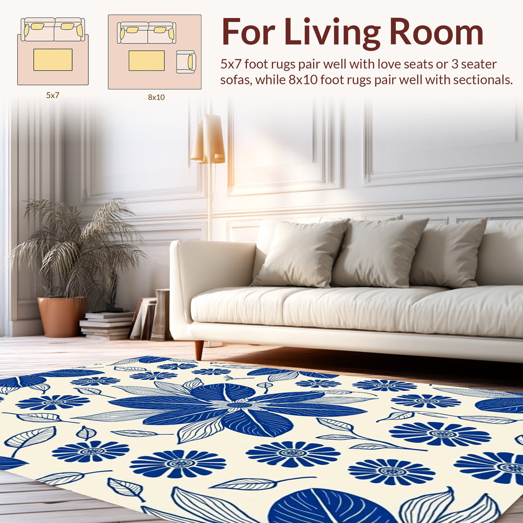 Blue Floral Outline Cream Pattern Rug
