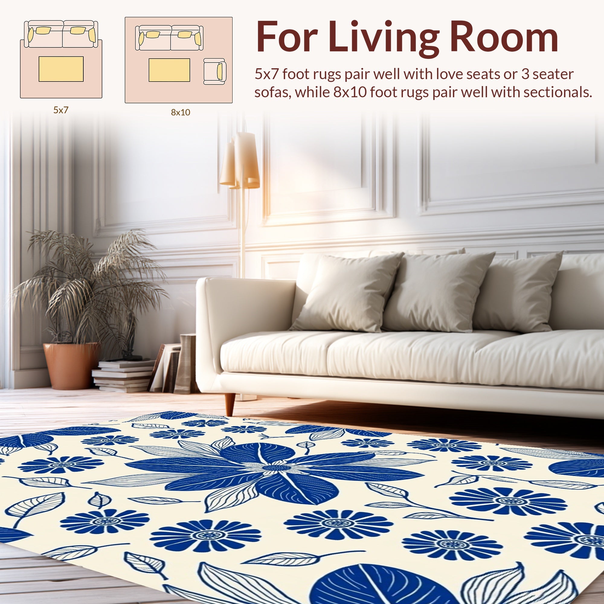 Blue Floral Outline Cream Pattern Rug