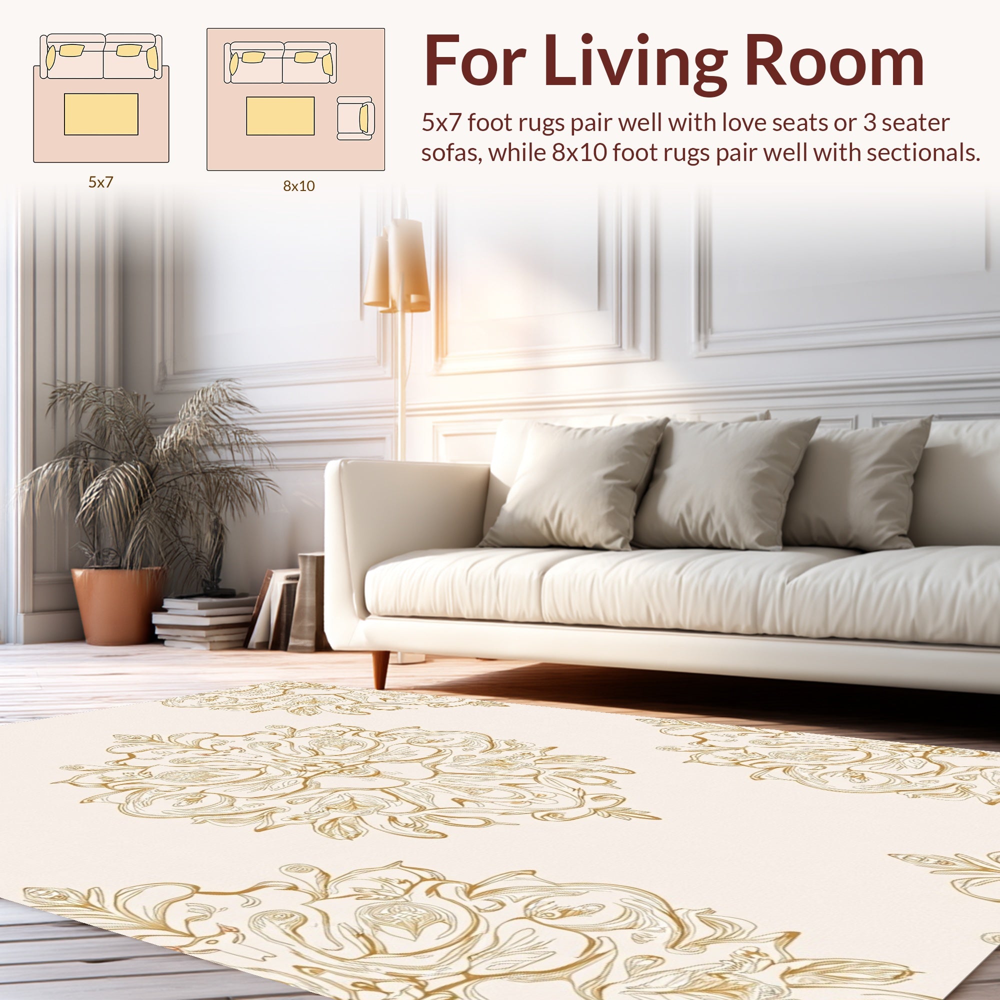Ornate Swirls Gold Damask Pattern Rug