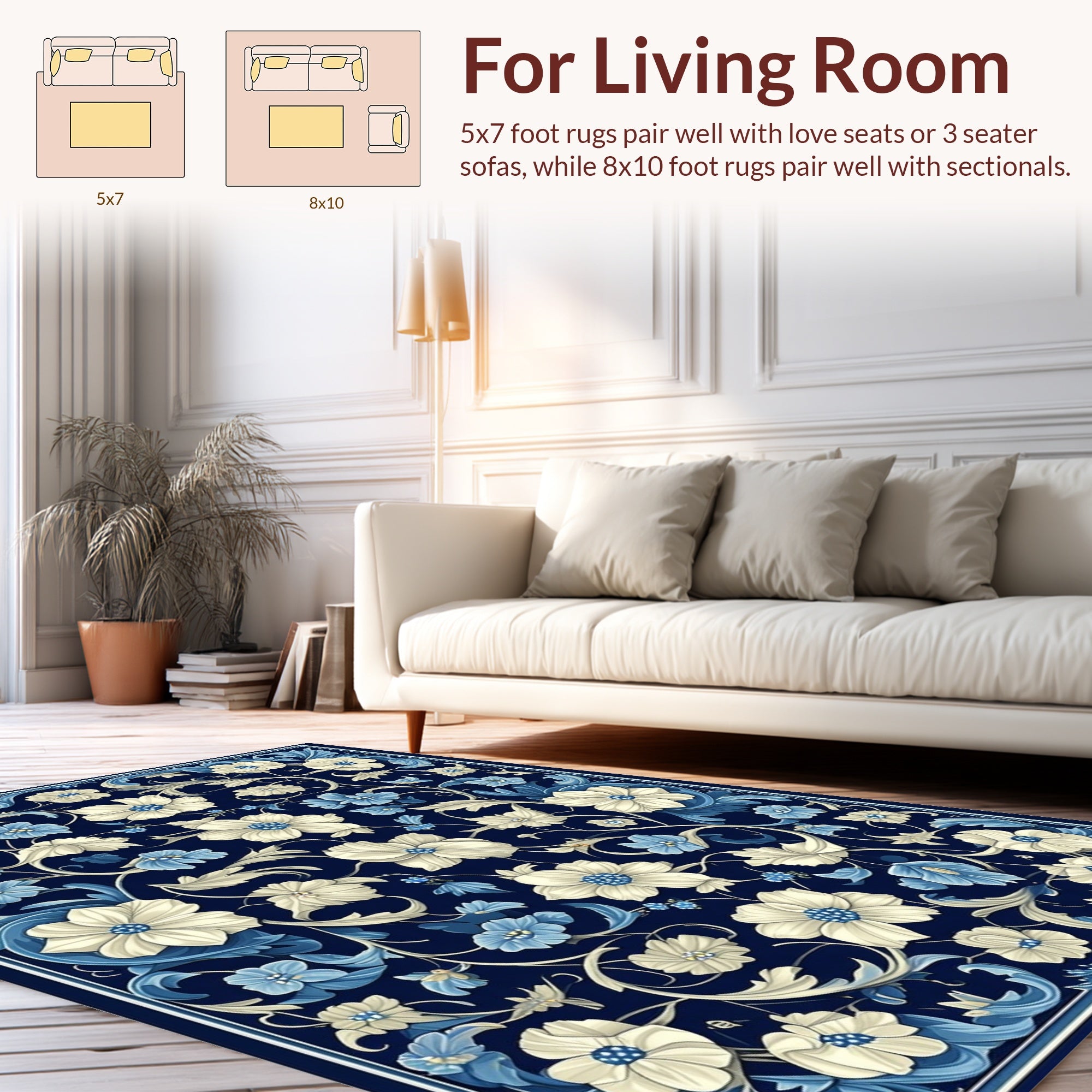 Ornate Floral Scrollwork Navy Cream Rug