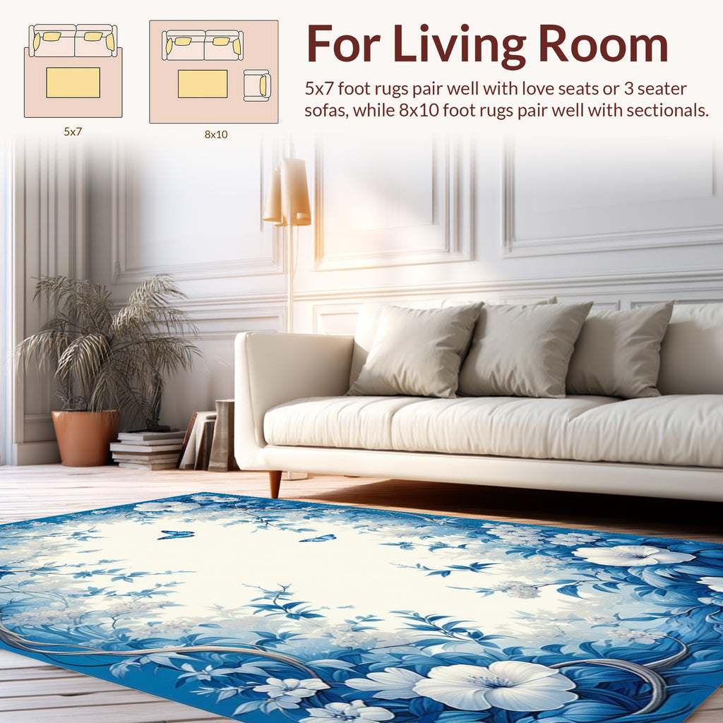 Delicate Blue Floral Butterfly Design Accent Rug