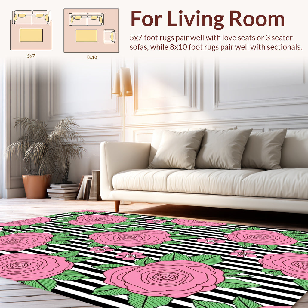 Pink Roses On Black White Stripes Rug