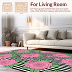 Pink Roses On Black White Stripes Rug