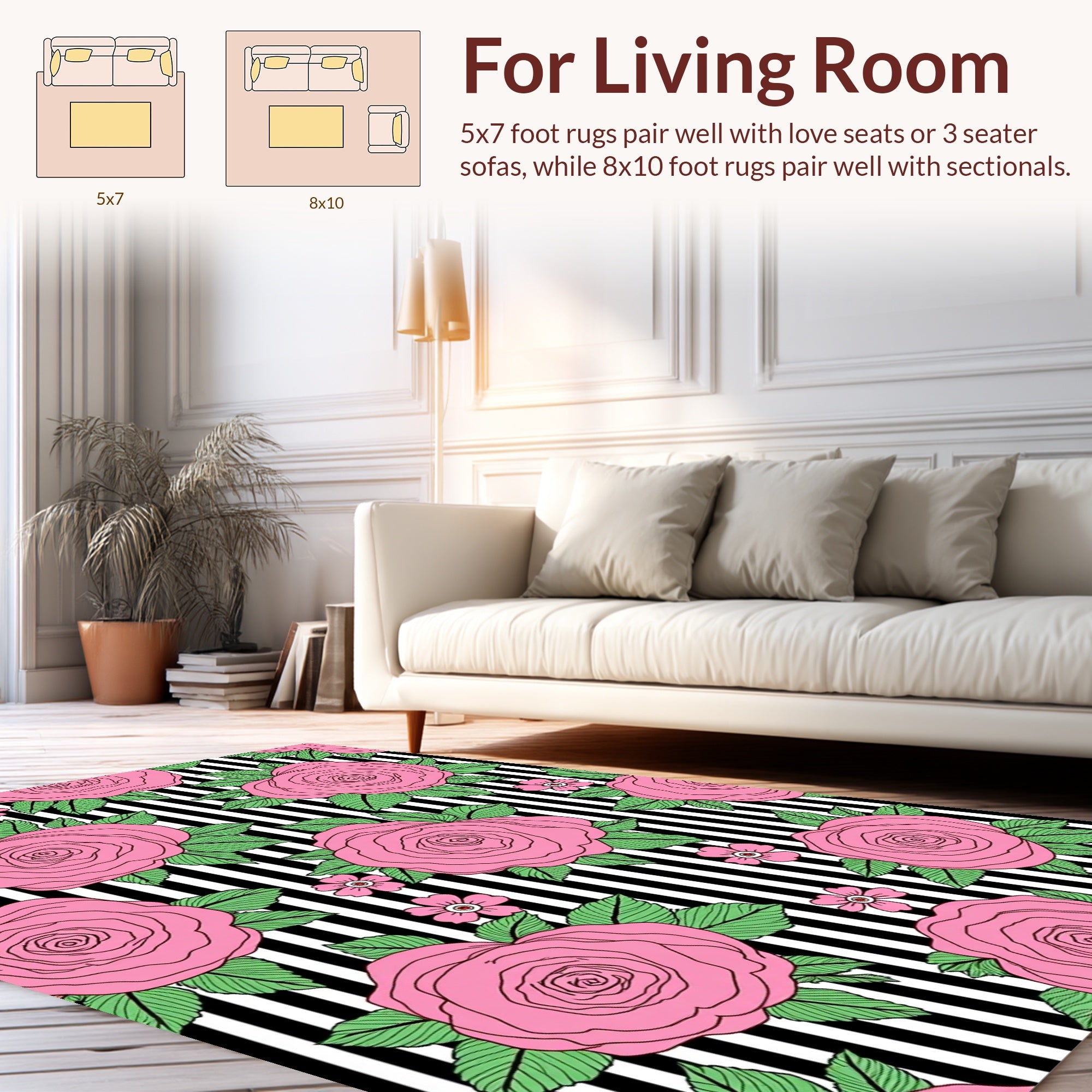Pink Roses On Black White Stripes Rug