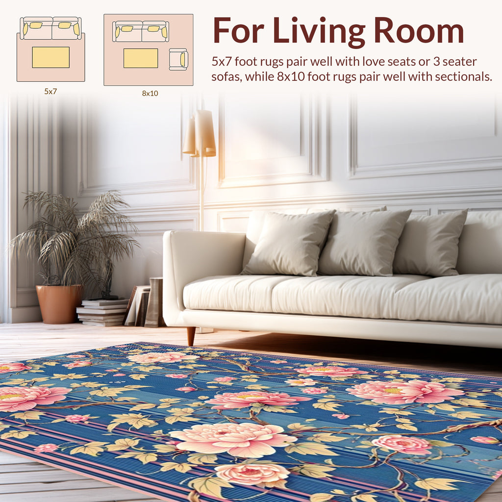 Pink Peony Floral Vine Pattern Rug