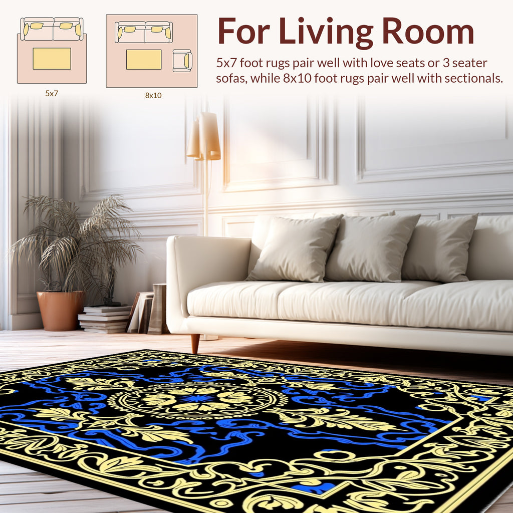 Ornate Floral Medallion Black Blue Rug